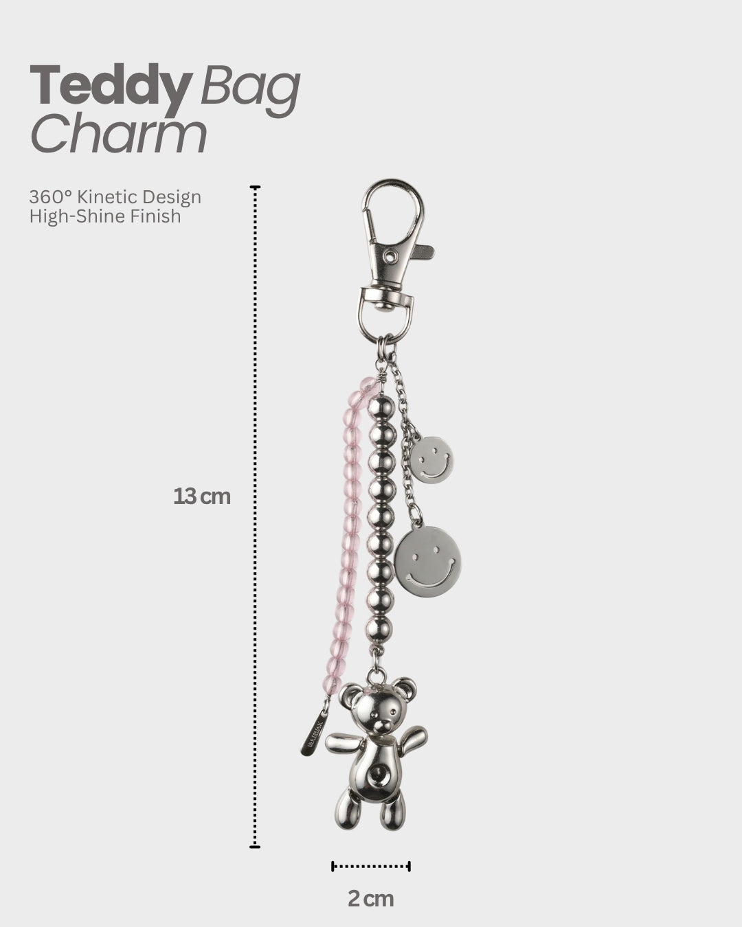 TheCharmitt Studio Teddy Smile Charm Bag Accessory;Metal Beads & Pink Transparent Beaded Chain
