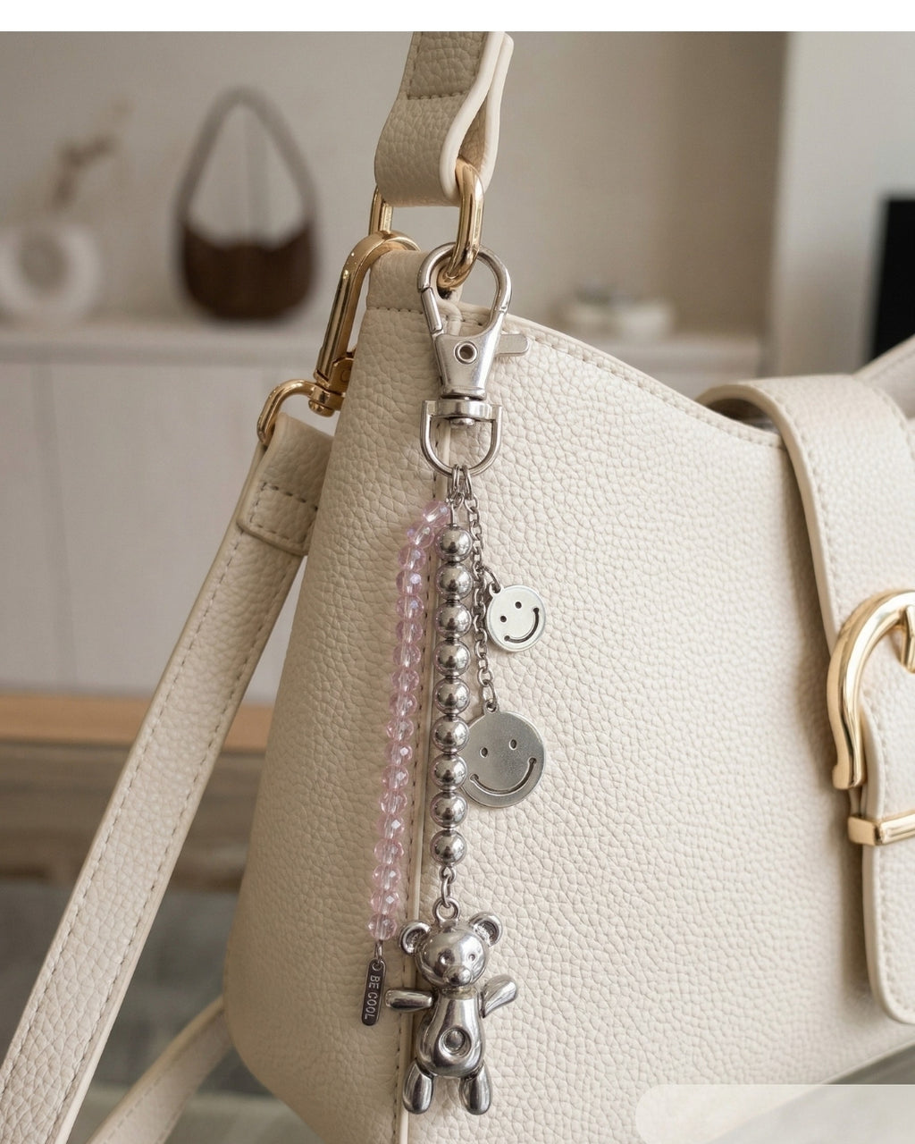 TheCharmitt Studio Teddy Smile Charm Bag Accessory;Metal Beads & Pink Transparent Beaded Chain