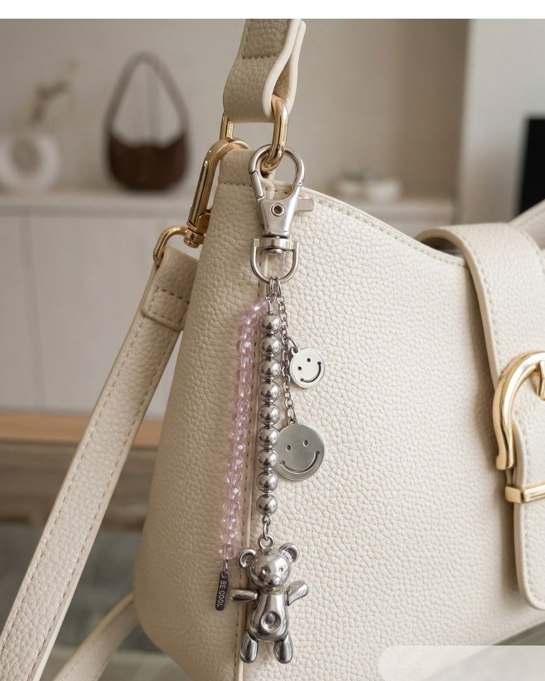 TheCharmitt Studio Teddy Smile Charm Bag Accessory;Metal Beads & Pink Transparent Beaded Chain