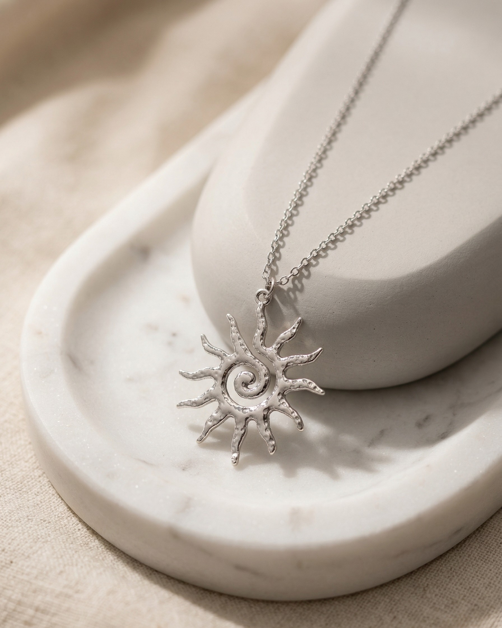 TheCharmitt Studio Sun Pendant Necklace, Anti-Tarnish Silver Chain with Black Stone Detail