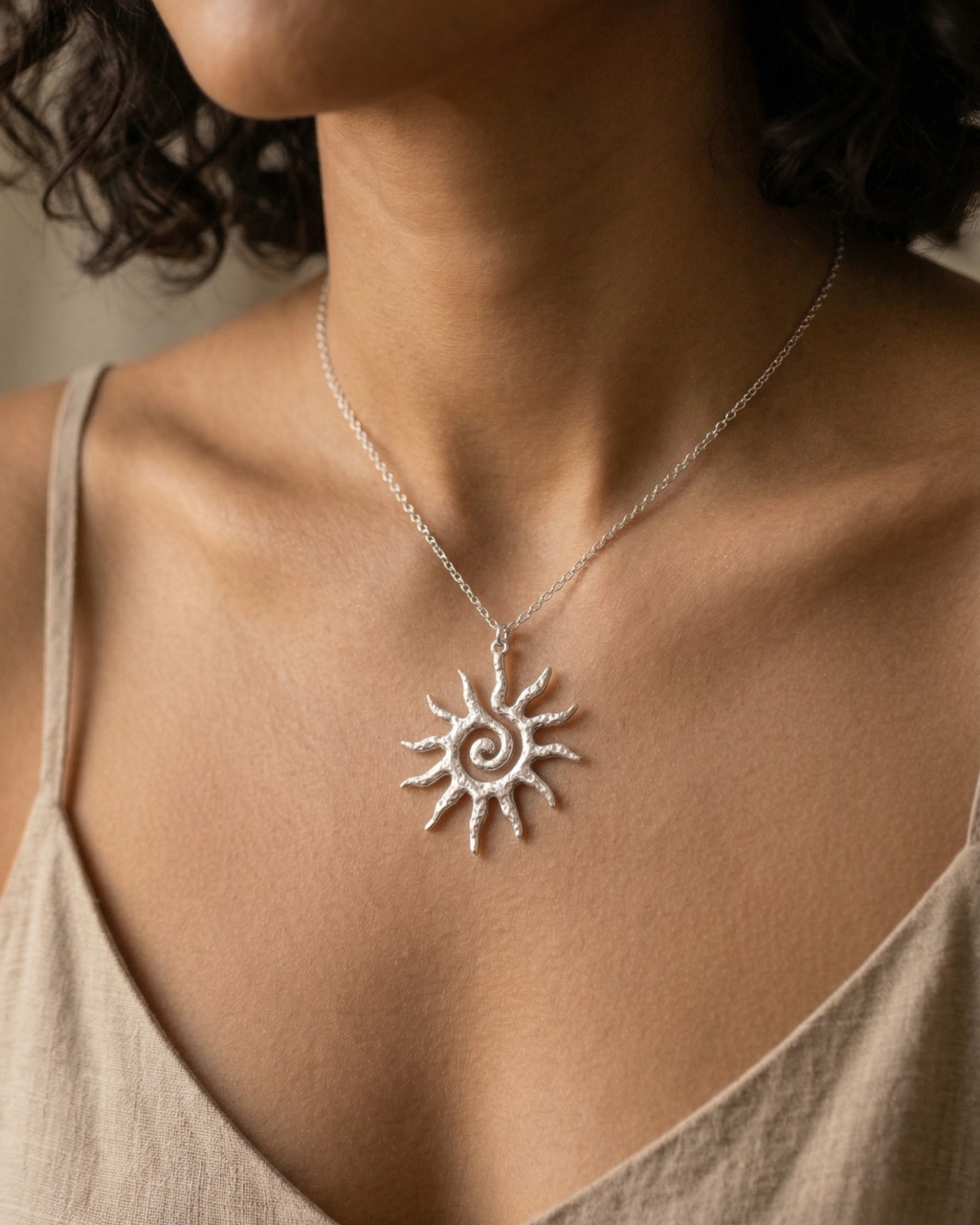TheCharmitt Studio Sun Pendant Necklace, Anti-Tarnish Silver Chain with Black Stone Detail