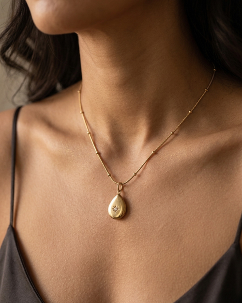 TheCharmitt Studio Gold Teardrop Pendant Necklace – Anti-Tarnish Minimal Chain with Stone Detail
