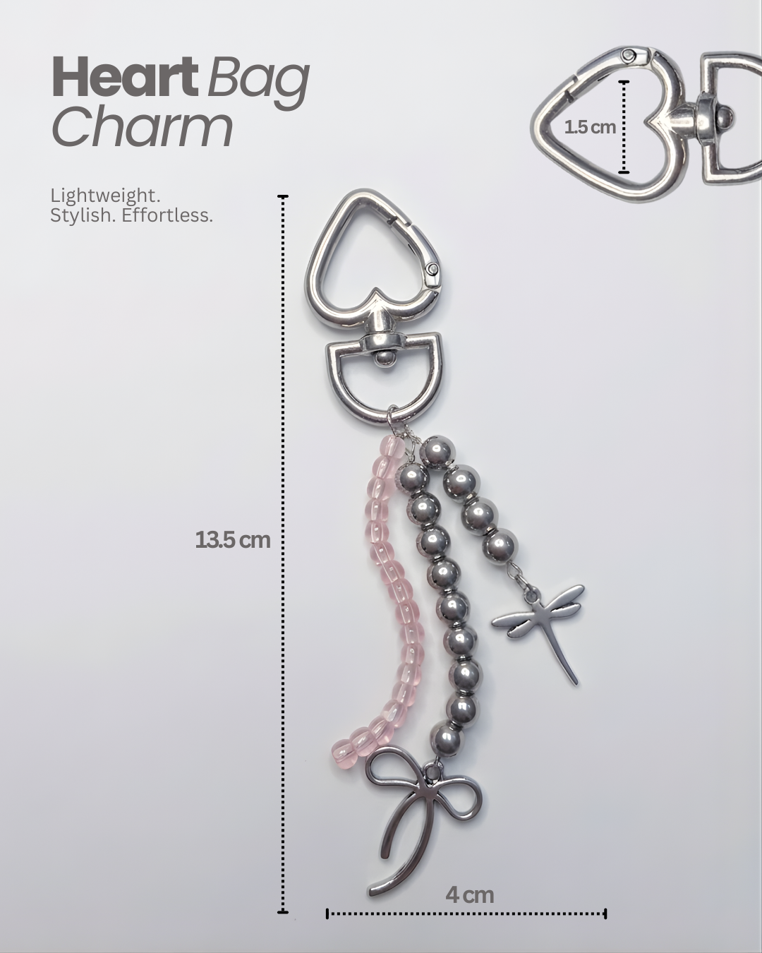 TheCharmitt Studio Heart Charm Bag Accessory – Metal Beads & Pink Transparent Beaded Charm