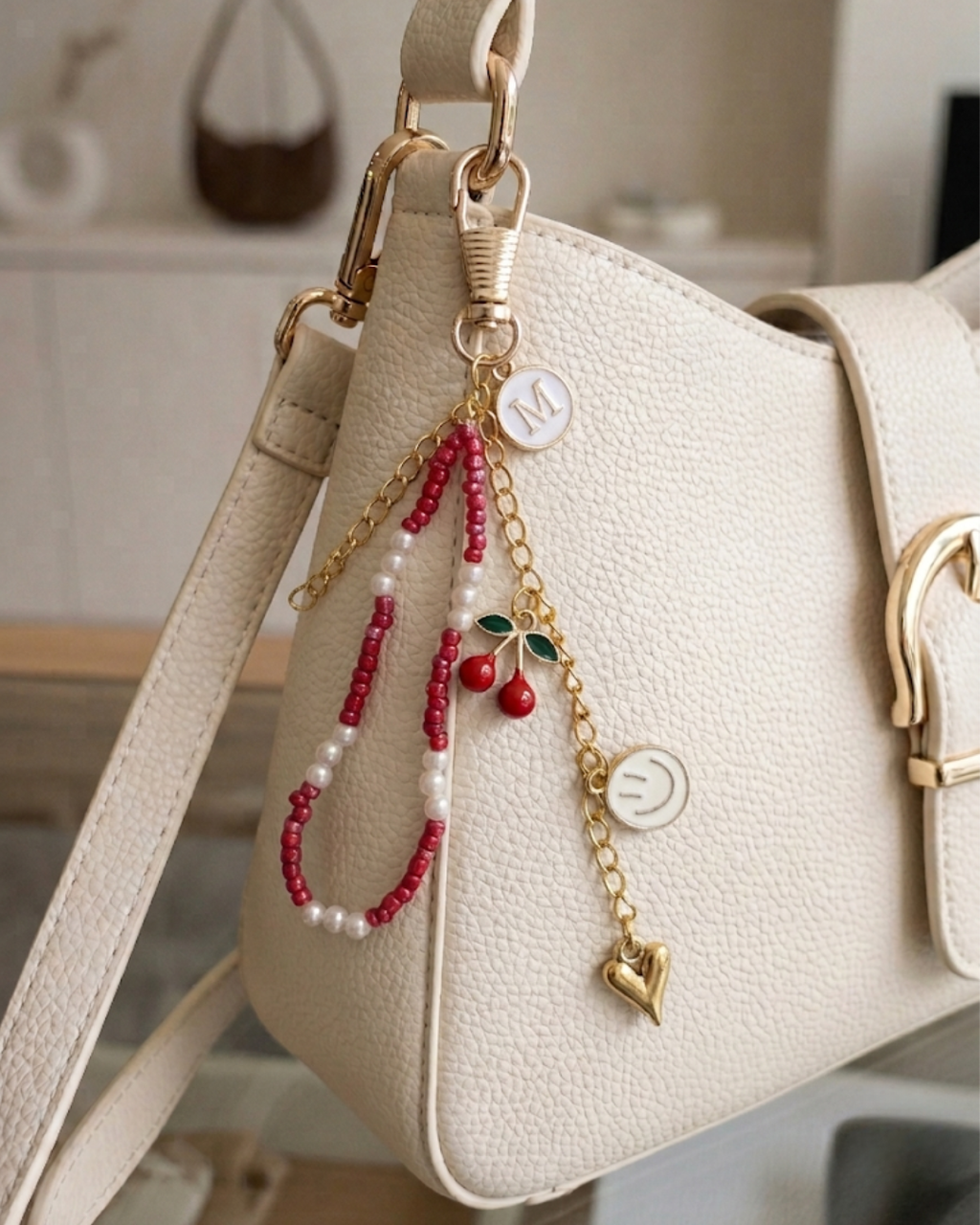 TheCharmitt Studio Cherry Bag Charm, Red Beaded Chain with Heart & Initial Charm Detail