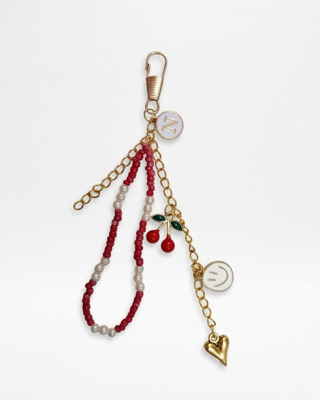 TheCharmitt Studio Cherry Bag Charm, Red Beaded Chain with Heart & Initial Charm Detail