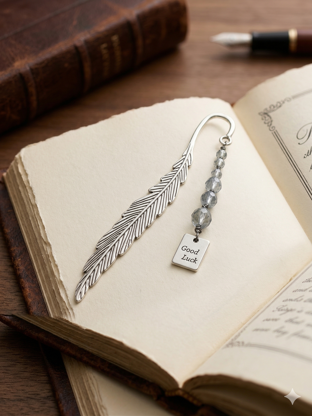 TheCharmitt Studio Silver Feather "Good Luck" Bookmark – Elegant Beaded Page Marker
