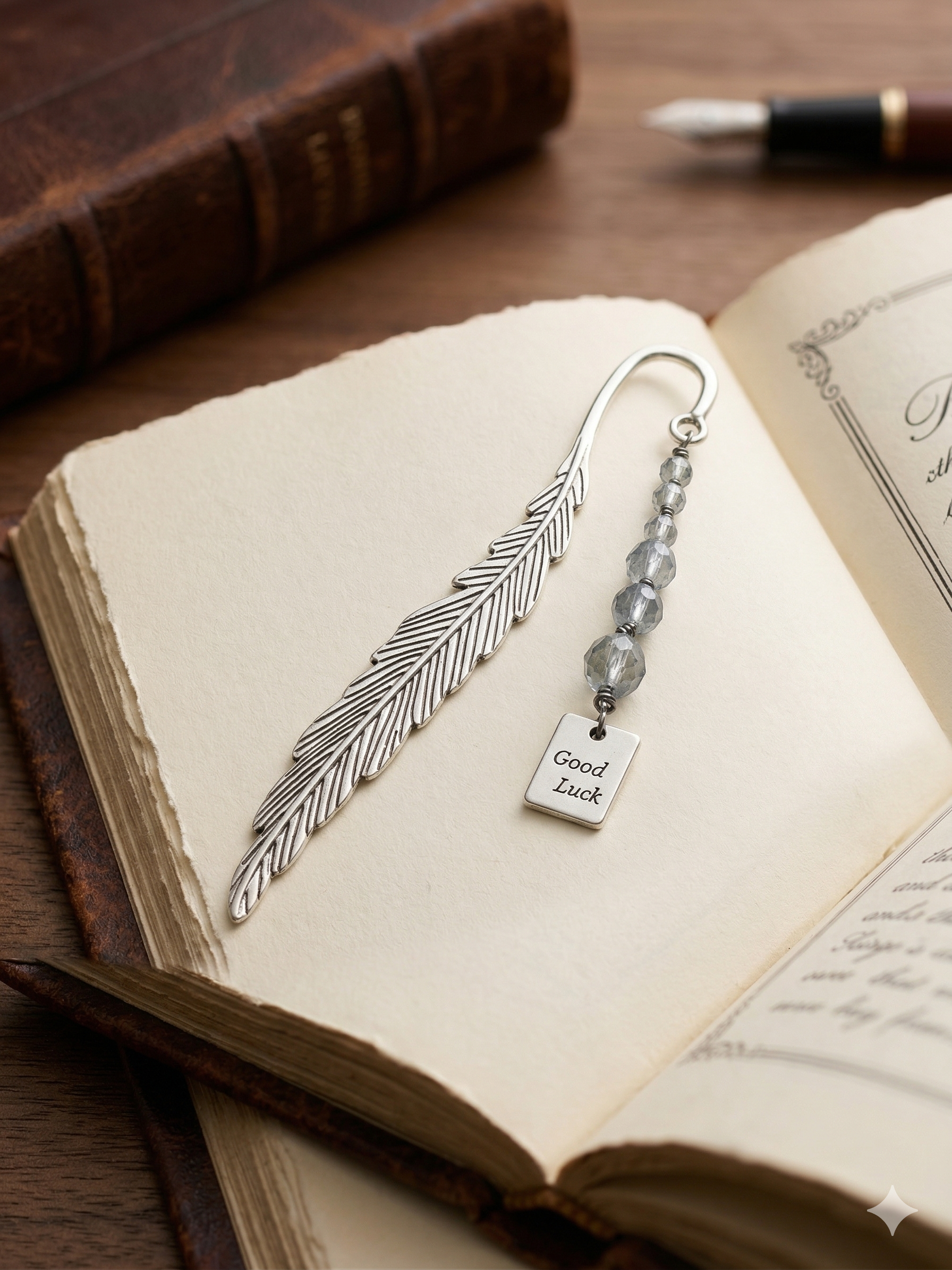 TheCharmitt Studio Silver Feather "Good Luck" Bookmark – Elegant Beaded Page Marker