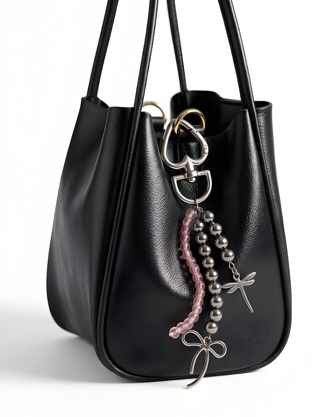 TheCharmitt Studio Heart Charm Bag Accessory – Metal Beads & Pink Transparent Beaded Charm