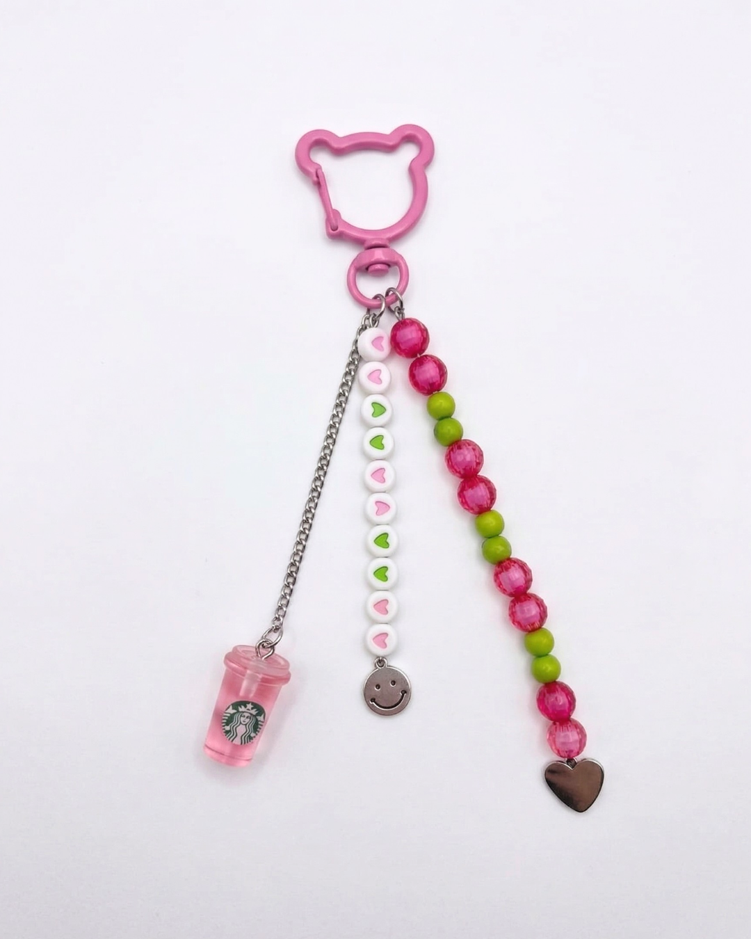 TheCharmitt Studio Playful Beaded Bag Charm – Multi-Color Heart Beads with Smiley & Mini Drink Charm